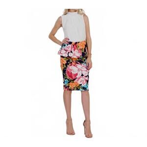 NEW 42POPS botanical bliss peplum midi skirt in navy multi